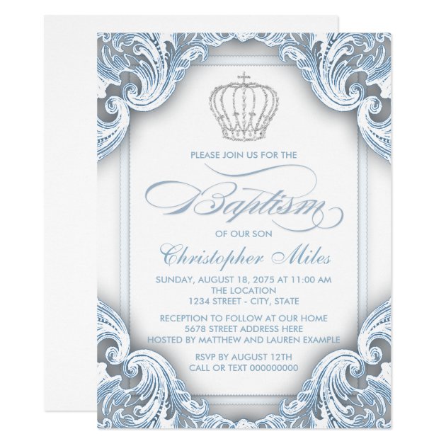 Boys Silver Blue Prince Baptism Invitation