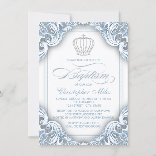 Boys Silver Blue Prince Baptism Invitation