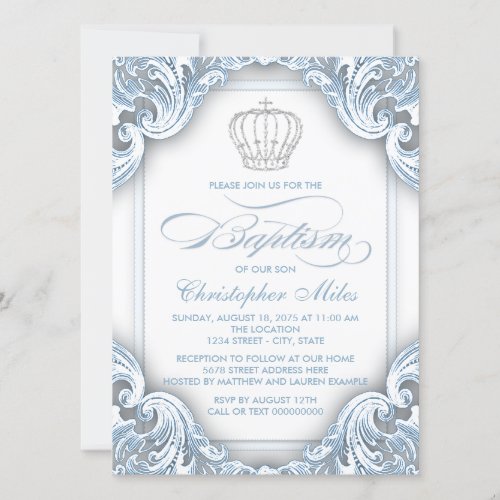 Boys Silver Blue Prince Baptism Invitation