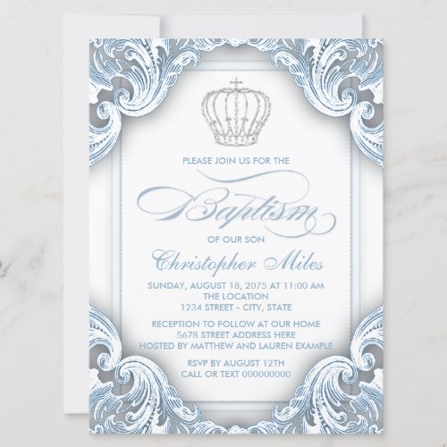 Boys Silver Blue Prince Baptism Invitation