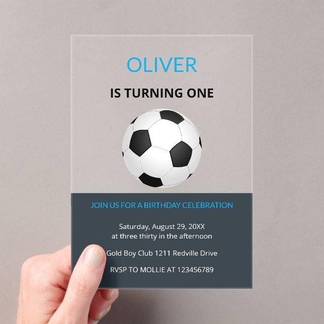 Boys Simple Blue Soccer Kids First Birthday Acrylic Invitations (Insitu (Handheld))