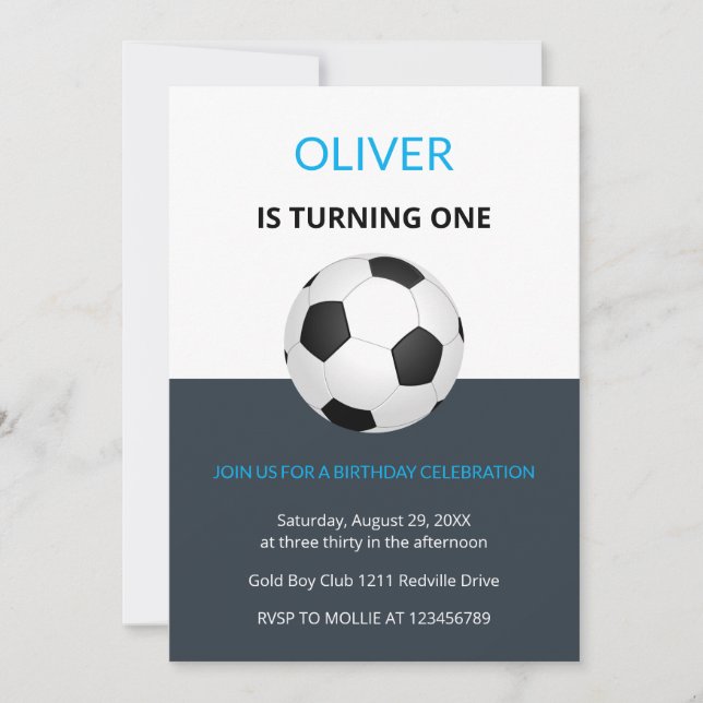 Boys Simple Blue Soccer Kids First Birthday Invitation (Front)