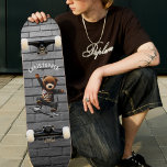 Boys Skateboarding Teddy Bear Brick Wall Name Skateboard<br><div class="desc">Urban hip hop skateboarding teddy bear skateboard for boys / kids.  Customizable name text on spot light dark grey brick wall background.</div>