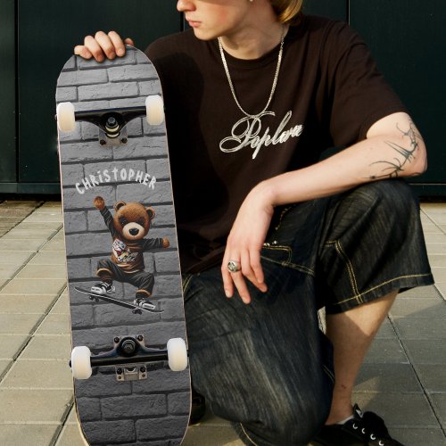 Boys Skateboarding Teddy Bear Brick Wall Name Skateboard