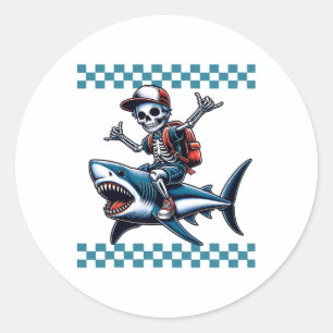 Boys Skeleton Riding A Shark Back To School  Classic Round Sticker