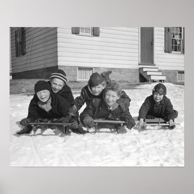 Boys Sledding, 1936. Vintage Photo Poster (Front)