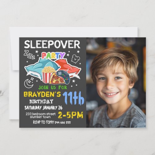 Boys Sleepover Photo Gaming Pizza Birthday  Invitation