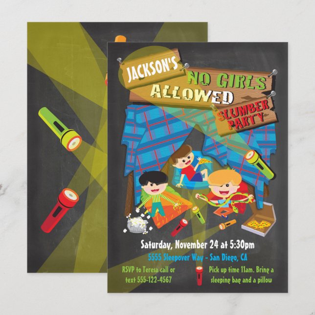 Boys Sleepover Slumber Party invitations (Front/Back)