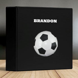 Boys Soccer Ball Black Stylish Custom Name Kids 3 Ring Binder