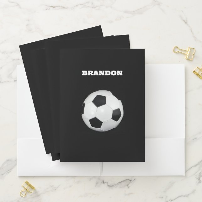 Boys Soccer Ball Black Stylish Custom Name Kids Pocket Folder (In Situ)