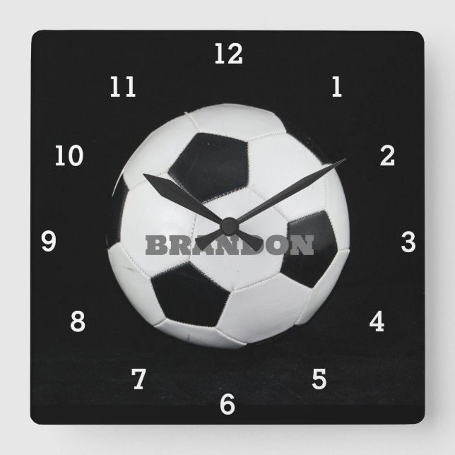 Boys Soccer Ball Black Stylish Custom Name Kids Square Wall Clock (Front)