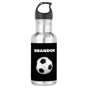 Boys Soccer Ball Black Stylish Custom Name Kids Stainless Steel Water Bottle