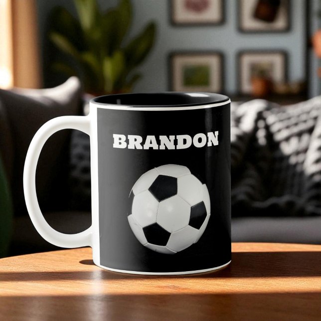 Boys Soccer Ball Black Stylish Custom Name Kids Two-Tone Coffee Mug (Creator Uploaded)