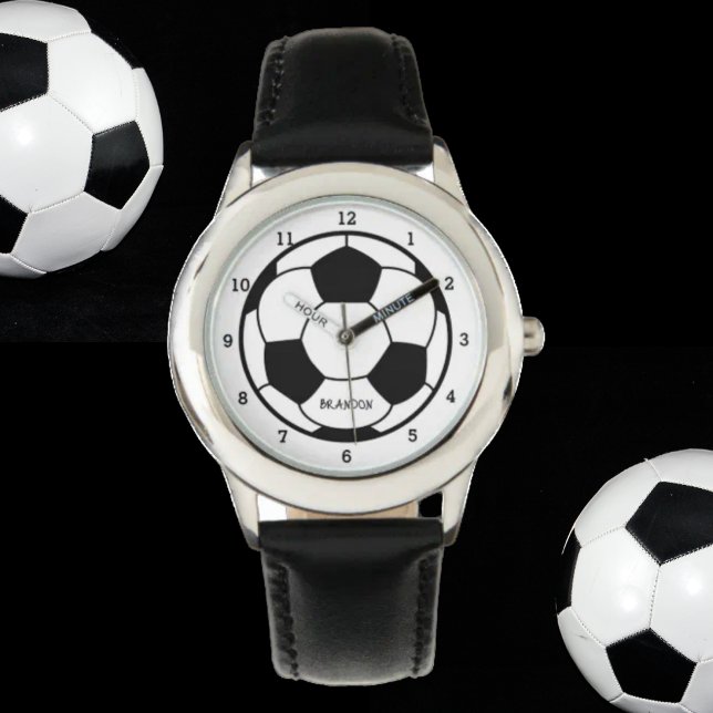 Boys Soccer Ball Black Stylish Custom Name Kids Watch (Creator Uploaded)