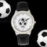 Boys Soccer Ball Black Stylish Custom Name Kids Watch<br><div class="desc">Soccer ball watch for kids. Custom,  Kids,  Name,  steel black leather boys watch. Personalize it with your child's name.</div>