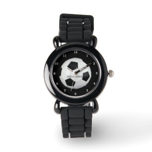 Boys Soccer Ball Black Stylish Custom Name Kids Watch
