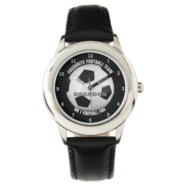 Boys Soccer Ball Black Stylish Custom Name Kids Watch (Front)
