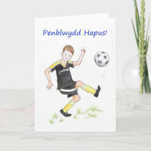 Boys Soccer Birthday Card: Welsh Greeting Card