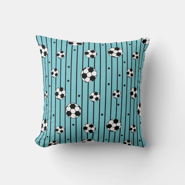 Boys Soccer Football Balls Black and Blue Stripes Throw Pillow (Front)