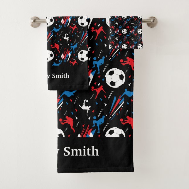 Boys Soccer Player - Red White Blue Freestyle Bath Towel Set (Insitu)