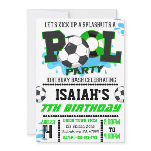Boys Soccer Pool Party Birthday Invitation