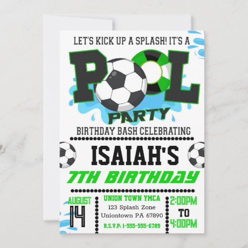 Boys Soccer Pool Party Birthday Invitation