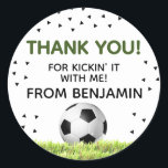 Boys Soccer Sports Thank You Kids Birthday Favor  Classic Round Sticker<br><div class="desc">Football Boy Birthday Party Favor sticker</div>