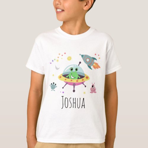 Boys Space Alien Cartoon Rocket Ship and Name T_Shirt