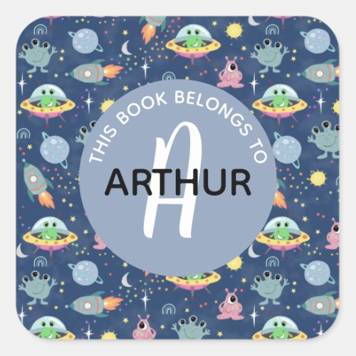 Boys Space Alien Pattern and Name Kids Bookplate