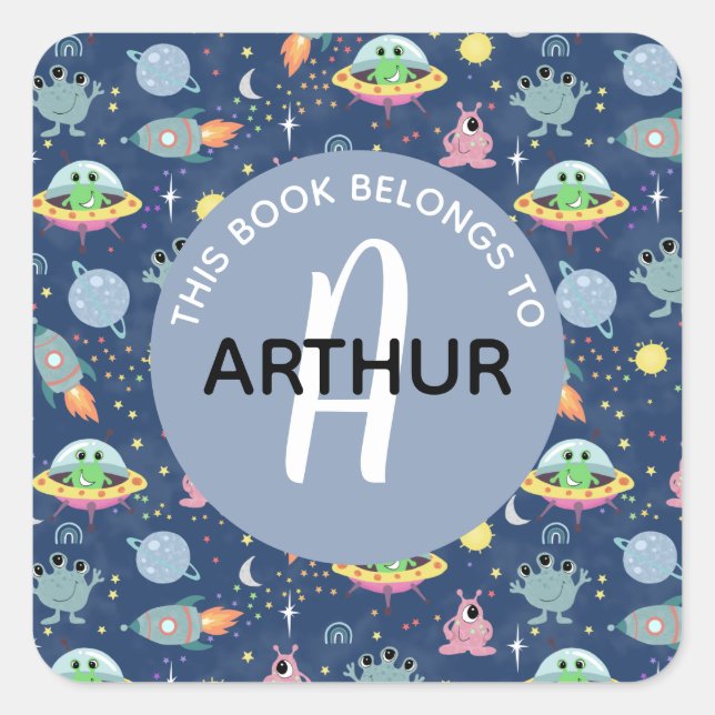 Boys Space Alien Pattern and Name Kids Bookplate (Front)