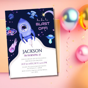 Boys Space Birthday Blast Off Rocket 3rd birthday Invitation
