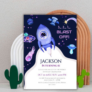 Boys Space Birthday Blast Off Rocket 6th birthday Invitation