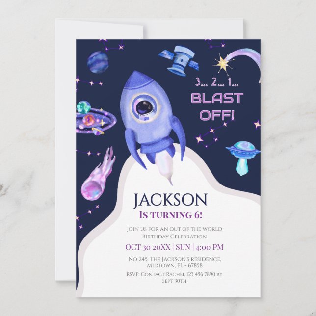 Boys Space Birthday Blast Off Rocket 6th birthday Invitation (Front)