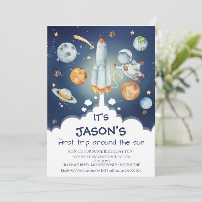 Boys Space First Trip Around the Sun Birthday  Invitation (Standing Front)