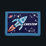 Boys space rocket blue add your name wallet<br><div class="desc">Encourage saving with this kids boys outer space rocket wallet,  personalise with your name. Currently reads Chester. Uniquely designed by Sarah Trett.</div>
