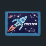 Boys space rocket blue add your name wallet<br><div class="desc">Encourage saving with this kids boys outer space rocket wallet,  personalise with your name. Currently reads Chester. Uniquely designed by Sarah Trett.</div>