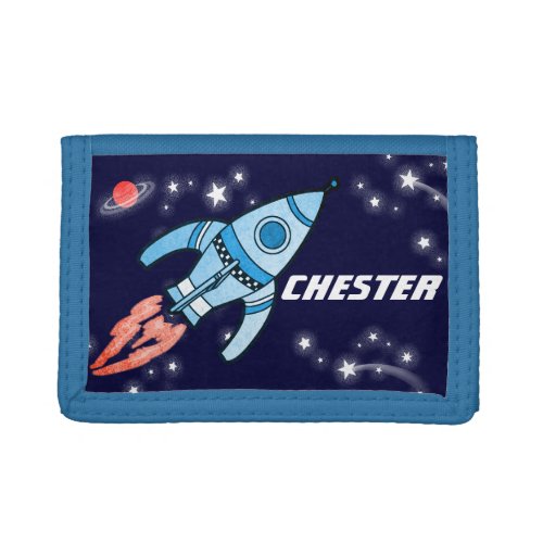 Boys space rocket blue add your name wallet