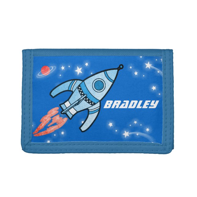 Boys space rocket blue add your name wallet (Front)