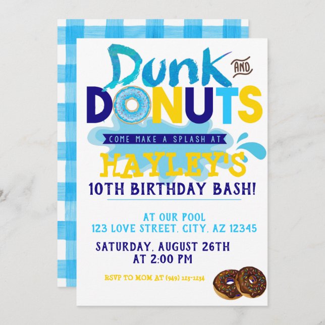 Boy's Splash Pool Dunk n Donut Party Birthday Invitation (Front/Back)