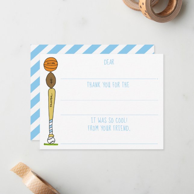 Boys Sports Balls Fill-In Birthday Thank You Note Card (Front/Back In Situ)