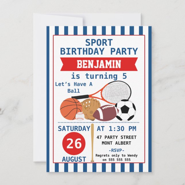 Boys Sports Birthday Party Invitation (Front)