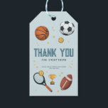Boys Sports Thank You Baby Shower Favor Gift Tags<br><div class="desc">This cute and modern baby shower thank you favor gift tag design features a sports illustration, with an football, soccer ball, basketball, and tennis racket, and can be personalized with the parents'/mom’s name(s) and date of the party. The perfect sports themed addition to your boys baby shower, a great way...</div>
