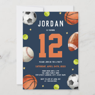 Boys Sports Theme Navy Orange Birthday Party Invitation