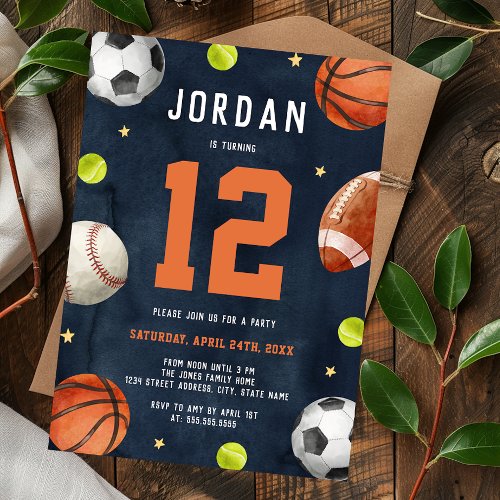 Boys Sports Theme Orange Navy Birthday Party  Invitation