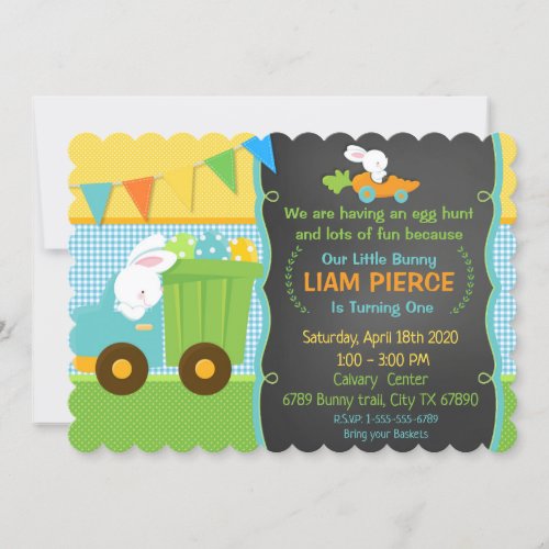 Boys Spring Easter Birthday Party Bunny Dump Truck Invitation