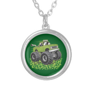 Boys St Patricks Day Toddler Lucky Monster Truck Silver Plated Necklace