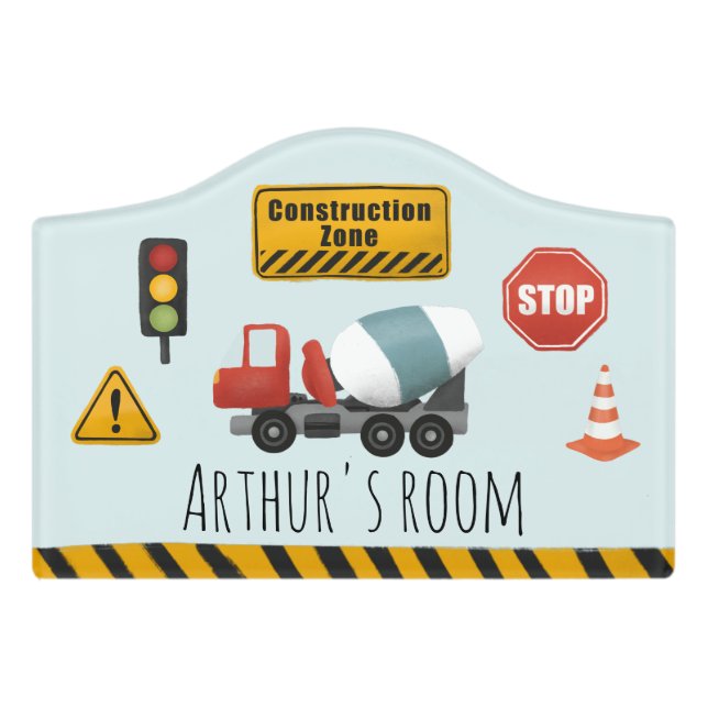 Boys STOP Construction Zone Digger Cartoon Kids Door Sign (Small Crest Front)