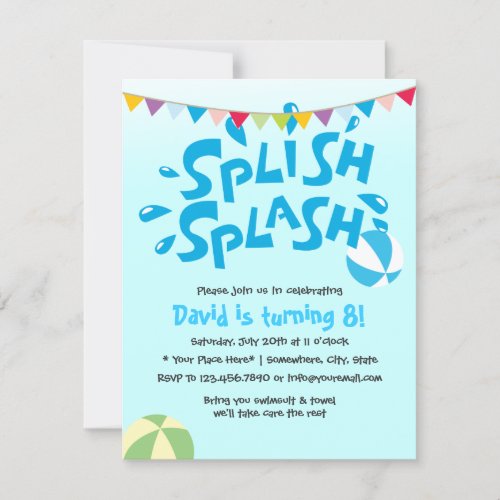 Boys Summer Splash Pool Party Birthday Personalized Invite