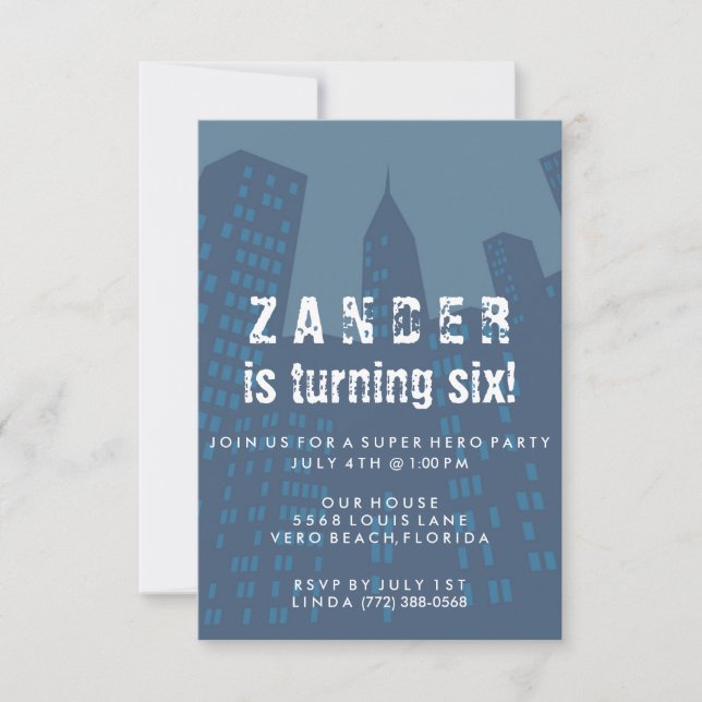 Boys Super Hero City Birthday Party Invitation (Front)