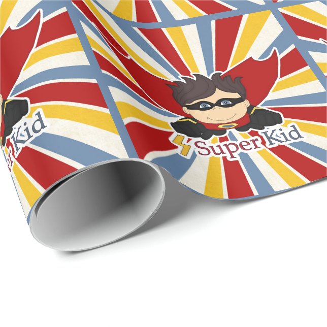 Boy's Super Kid Comic Book Themed Wrapping Paper (Roll Corner)